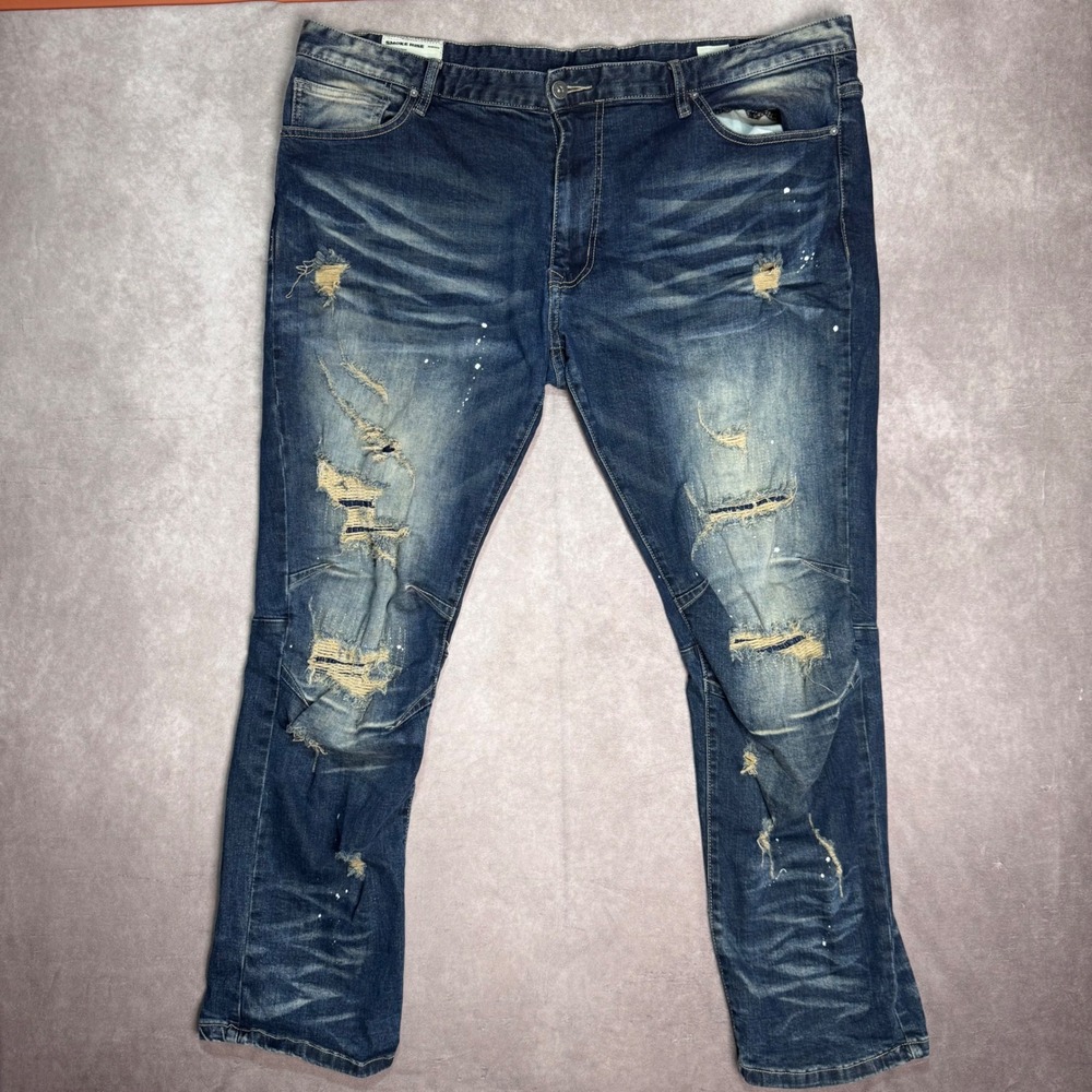 Smoke Rise Mens Blue Distressed Paint Splatter Moto Jeans 44*x32 Streetwear Slim